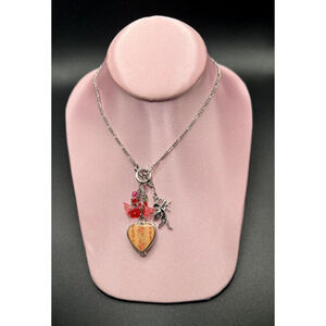 VALENTINES! Heart Cupid Dangle Floral Beads Silver Plated Chain Charm Necklace
